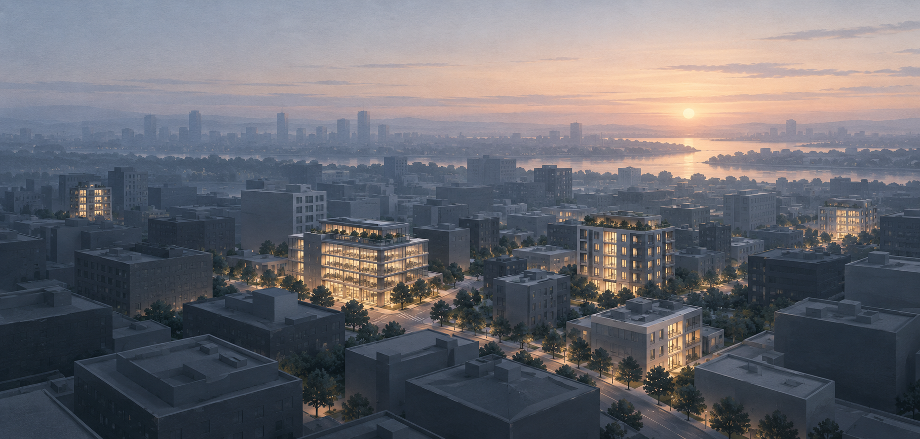 A city neighborhood with illuminated buildings at dusk