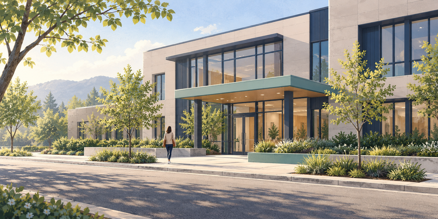 Modern medical office surrounded by landscaped grounds